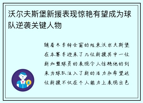 沃尔夫斯堡新援表现惊艳有望成为球队逆袭关键人物