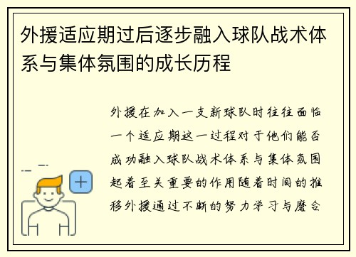 外援适应期过后逐步融入球队战术体系与集体氛围的成长历程