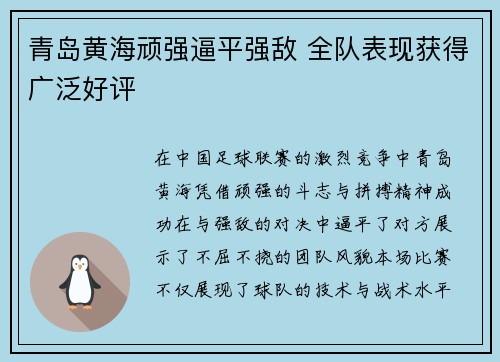 青岛黄海顽强逼平强敌 全队表现获得广泛好评